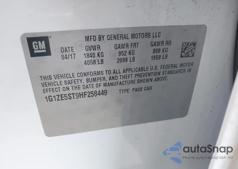 2017 Chevrolet Malibu 1Lt z USA, uszkodzony, nr VIN 1G1ZE5ST9HF258449